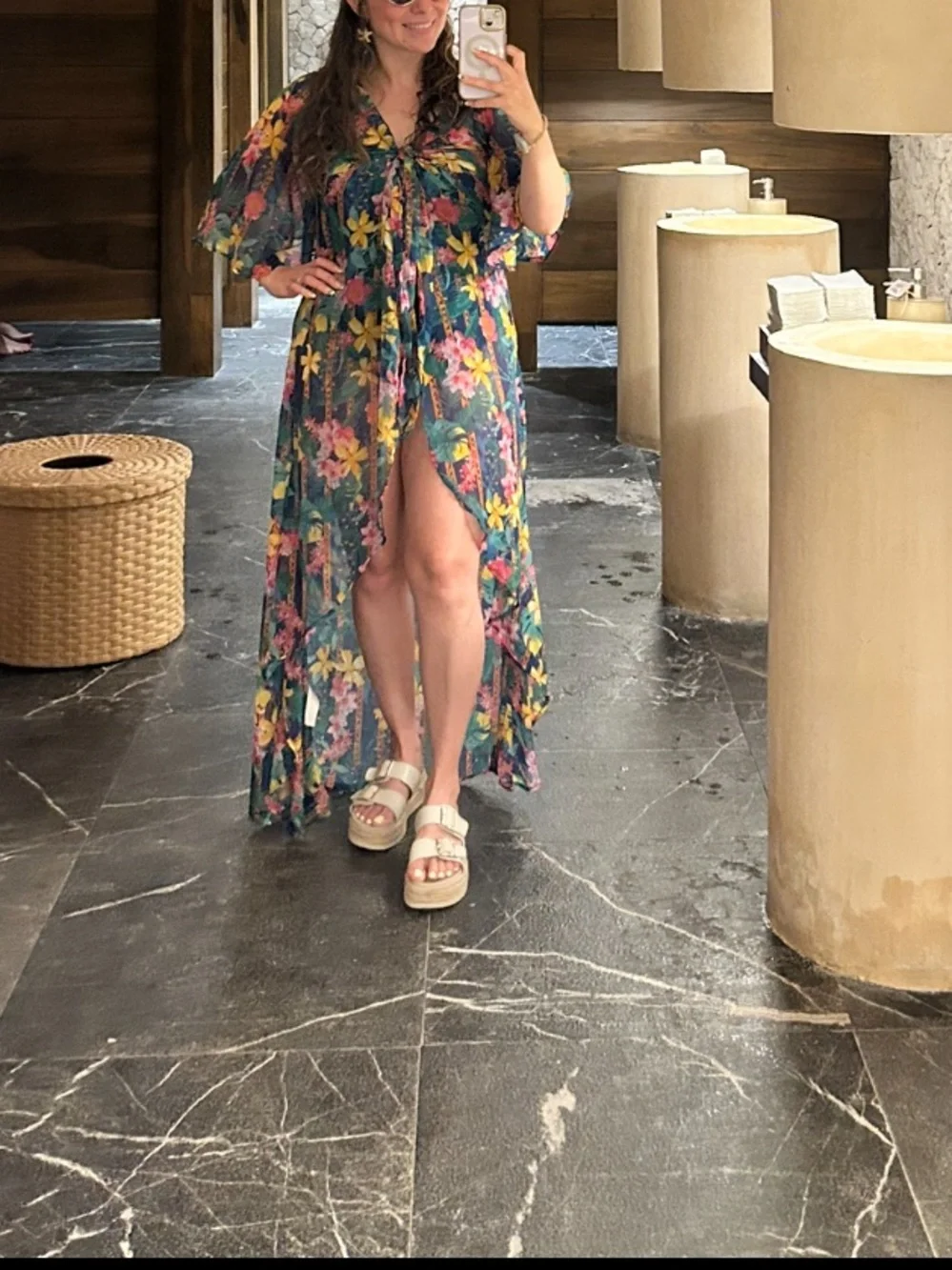 ASOS Green Sheer Floral Tie-Front Pareo dress with Pink & Yellow Blooms